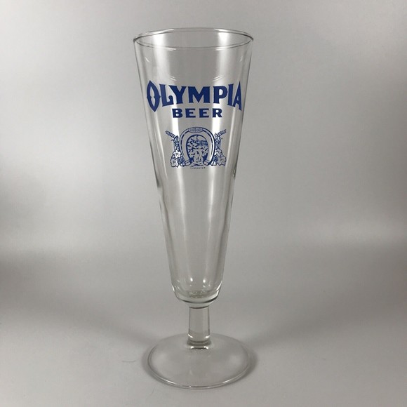Vintage Olympia Beer Footed Pilsner Glass Blue Good Luck Horseshoe Logo Tumwater - Picture 1 of 7